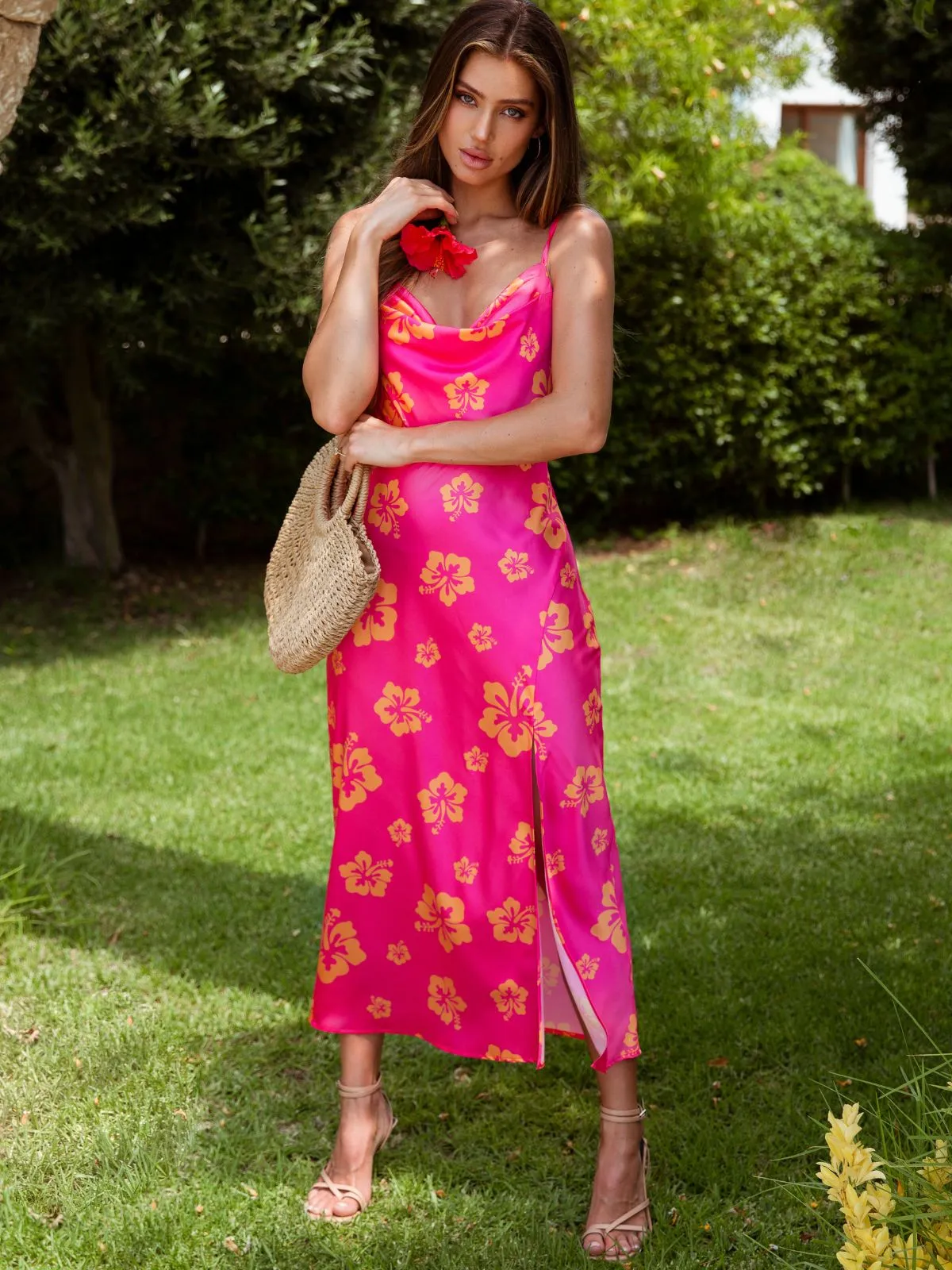 Havana Cowl Neck Slip Dress / Pink Hibiscus