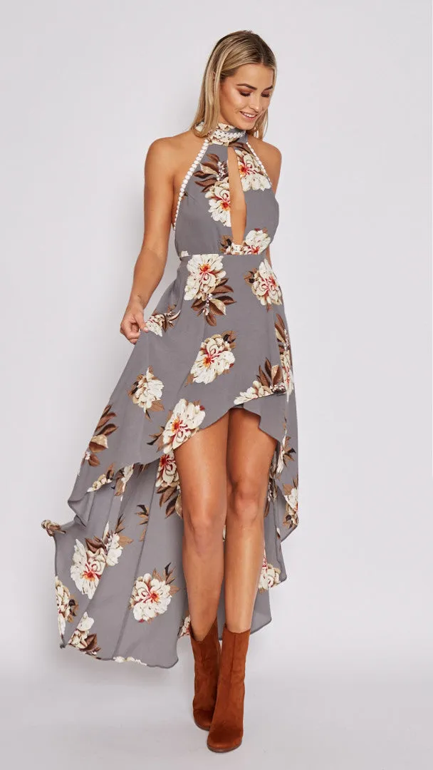 Hollow Floral Irregular Maxi Dress