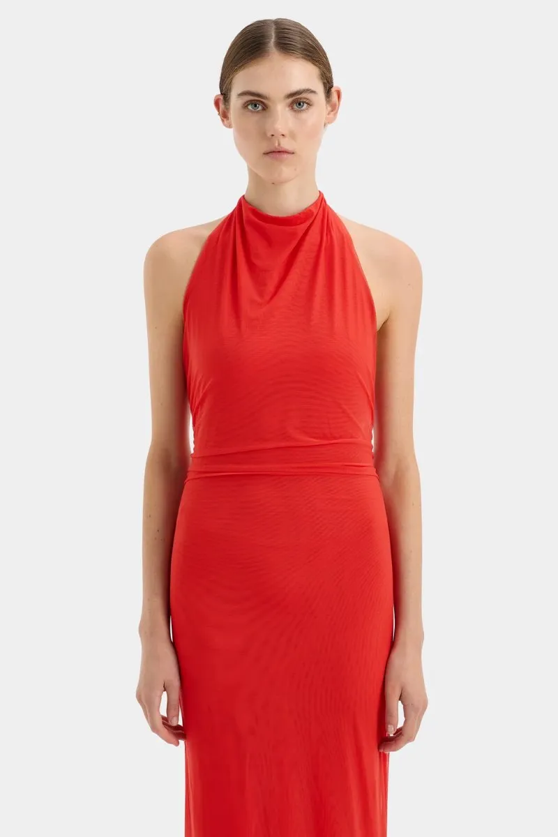 JACQUES MESH HALTER MIDI DRESS-POMELO