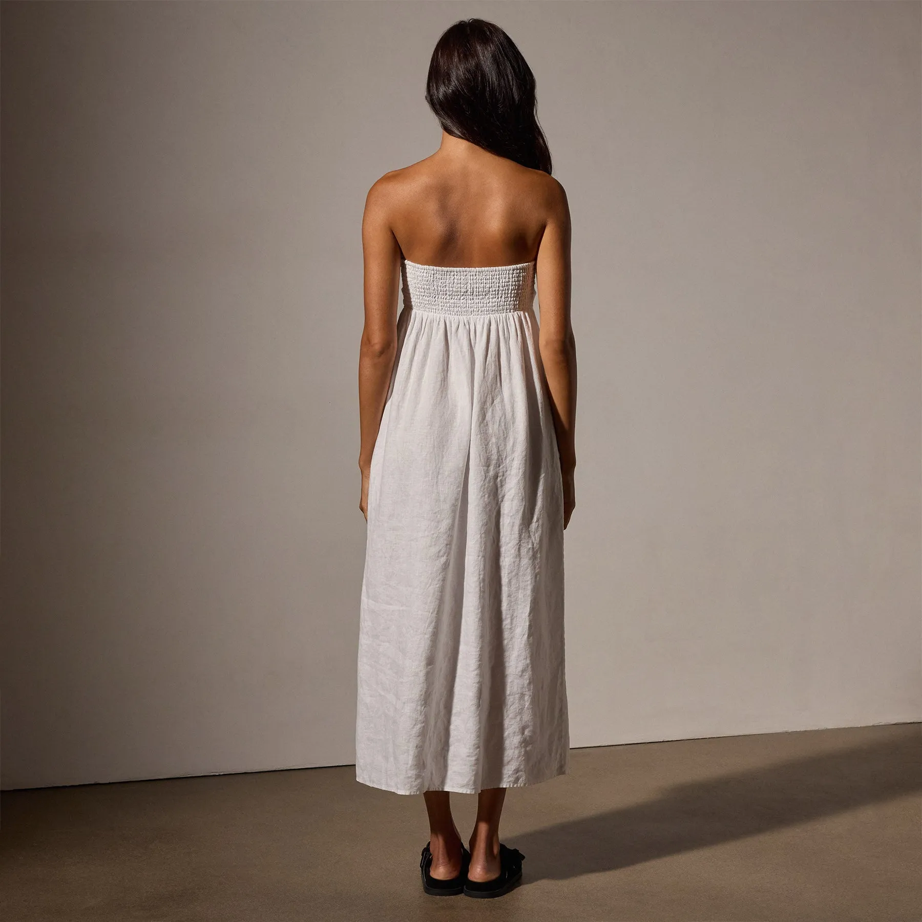 Linen Gathered Tube Dress - White