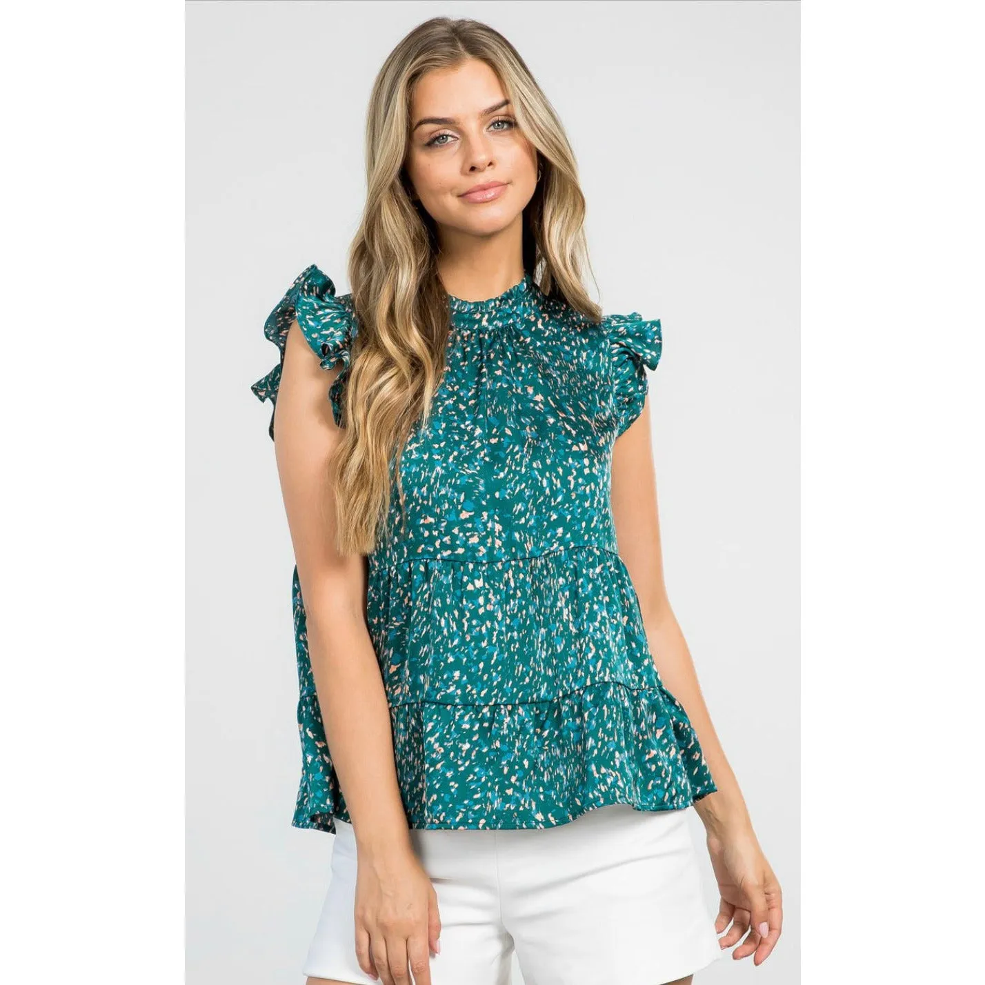 Lori Print Tiered Flutter Sleeve Teal THML Top-SALE