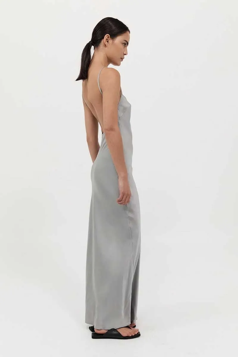 LOW BACK SLIP DRESS-SILVER