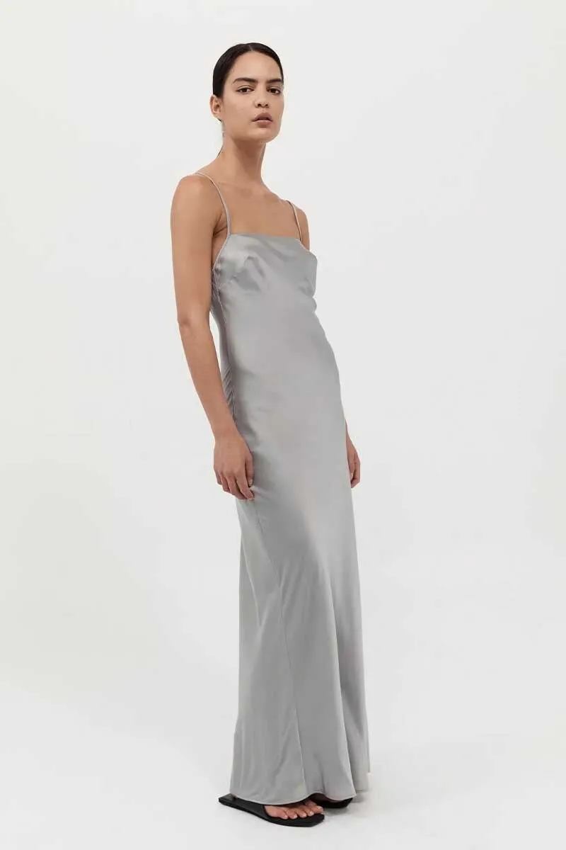 LOW BACK SLIP DRESS-SILVER