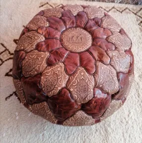 Moroccan Artisan, Genuine Handmade Moroccan Leather Pouf, Luxury Brown Pouf Ottoman