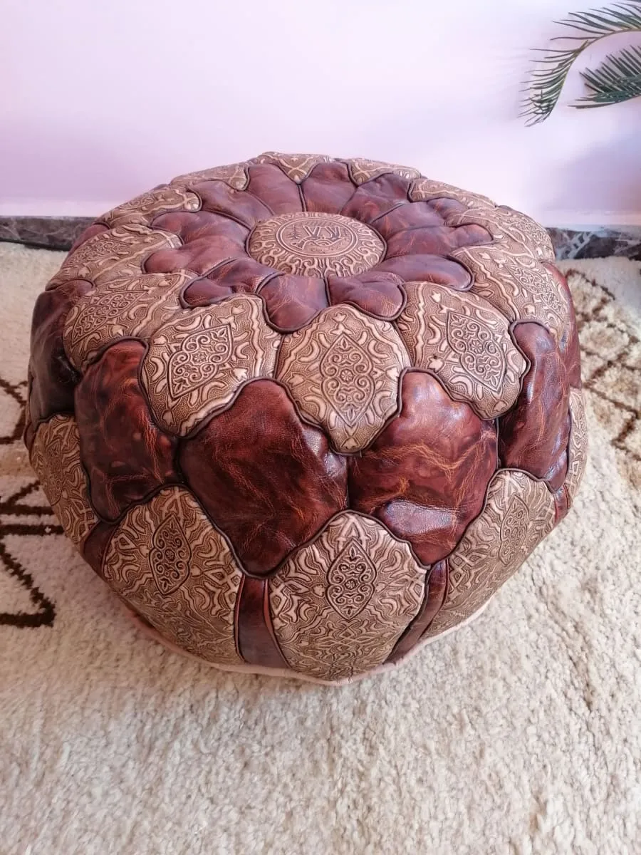 Moroccan Artisan, Genuine Handmade Moroccan Leather Pouf, Luxury Brown Pouf Ottoman