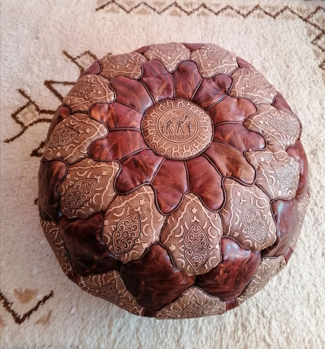 Moroccan Artisan, Genuine Handmade Moroccan Leather Pouf, Luxury Brown Pouf Ottoman