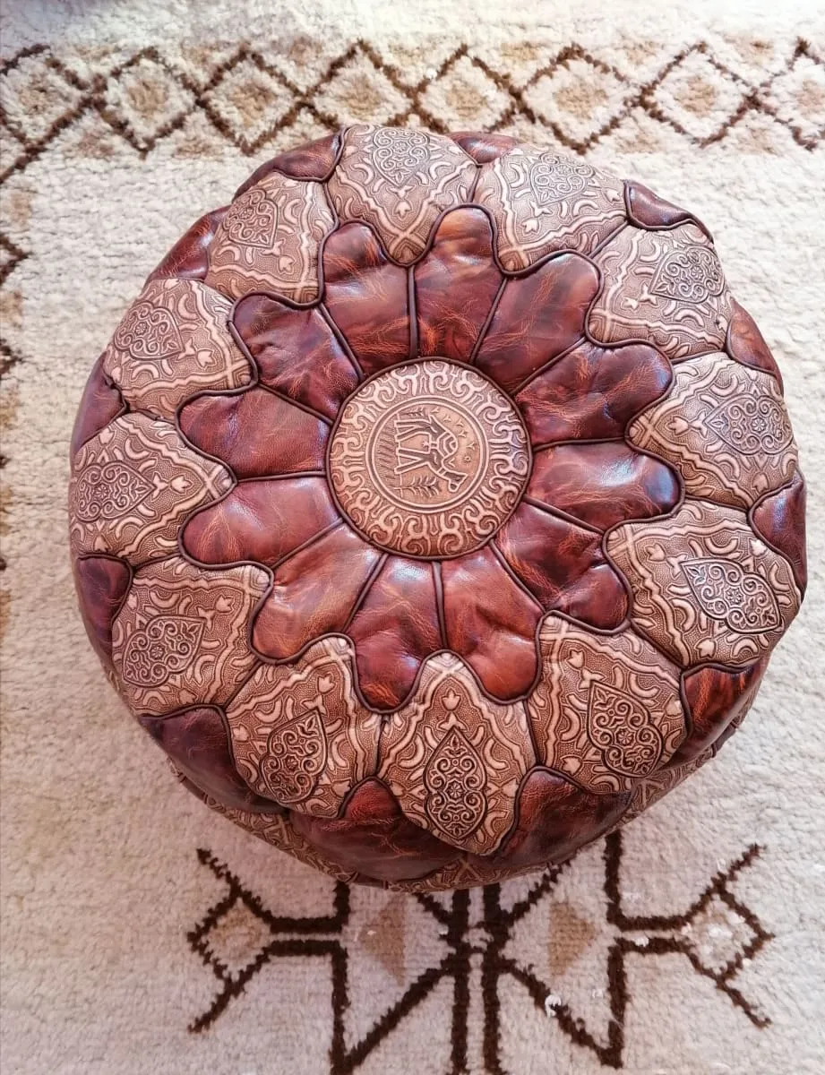 Moroccan Artisan, Genuine Handmade Moroccan Leather Pouf, Luxury Brown Pouf Ottoman