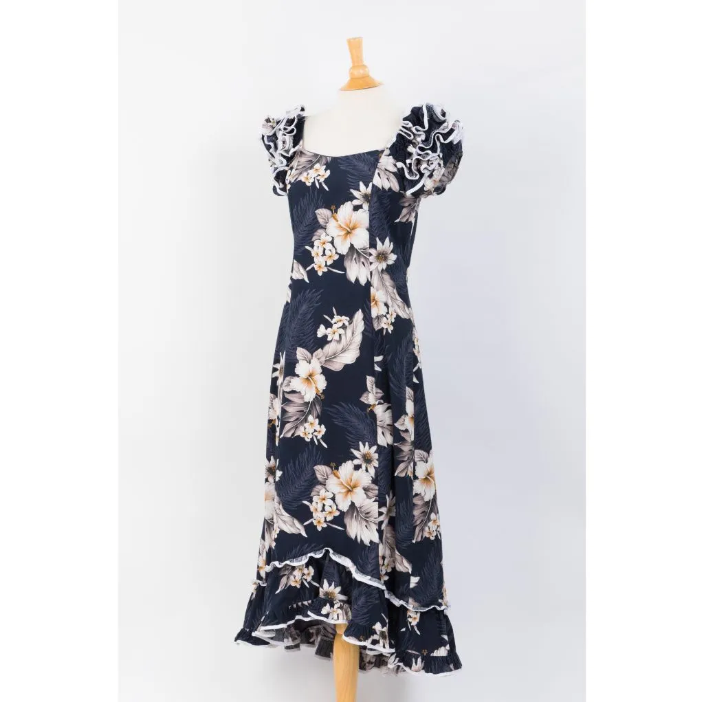 Navy Blue Hibiscus Print Ruffle Sleeve Dress