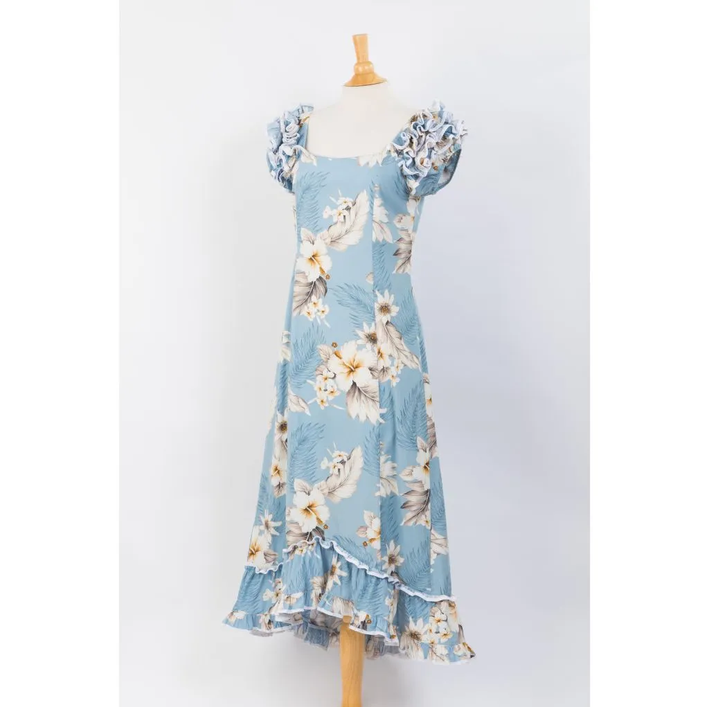 Navy Blue Hibiscus Print Ruffle Sleeve Dress