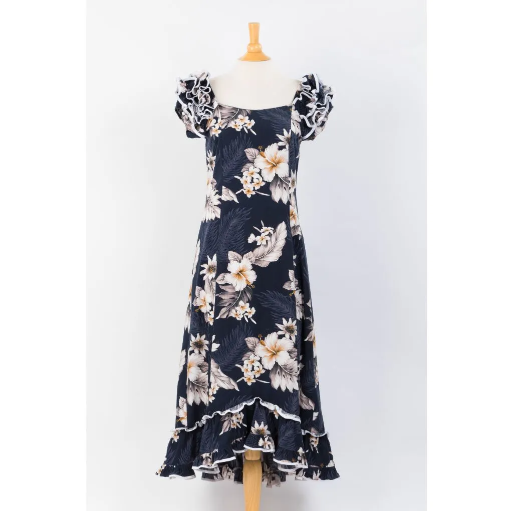 Navy Blue Hibiscus Print Ruffle Sleeve Dress