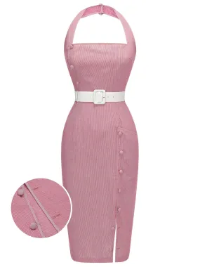 [Pre-Sale] Pink 1960s Halter Stripes Belted Bodycon Dress