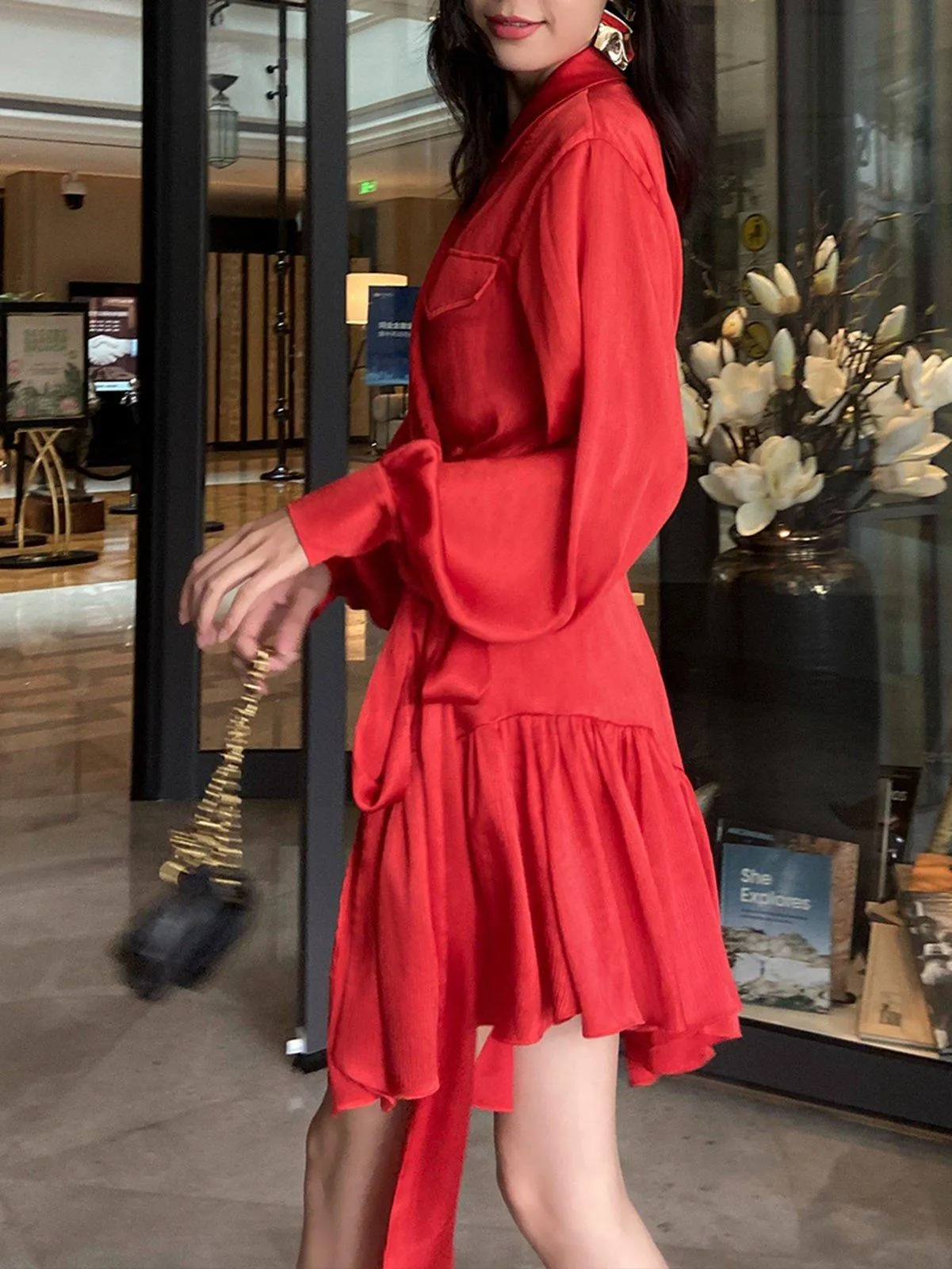 Satin Puff Sleeve High-Low Ruffle Blazer Dress