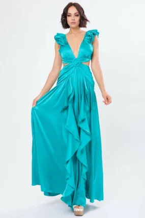 SOLID SATIN RUFFLE SLEEVE GOWN MAXI DRESS