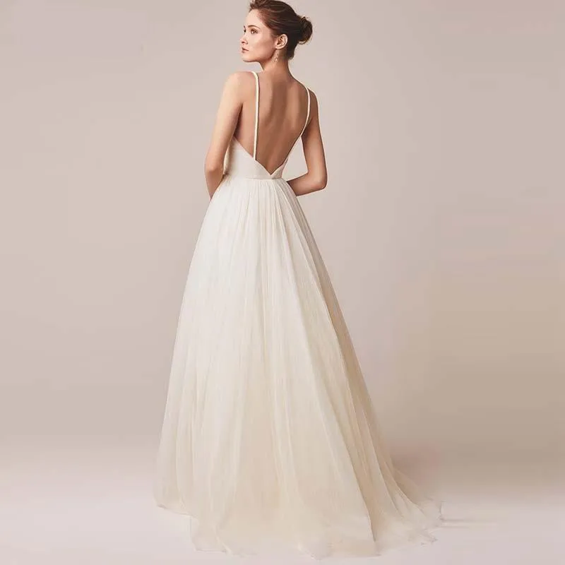 Spaghetti Straps Tulle V-neck Backless Bridal Dresses