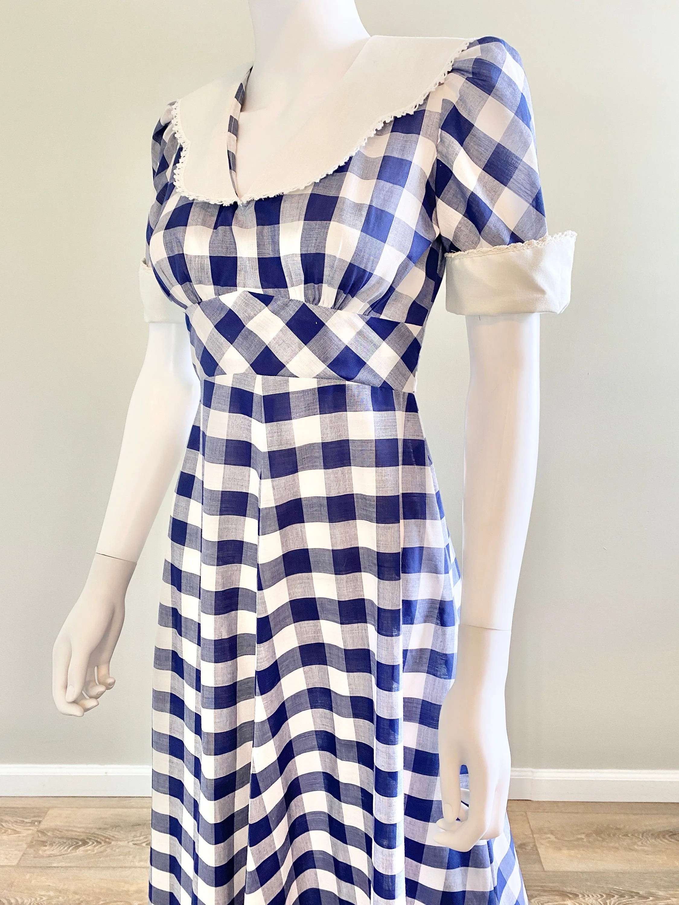 Vintage 1970s Navy Gingham Puff Sleeve Dress / 70s does 1930s Party Dress / Size S M