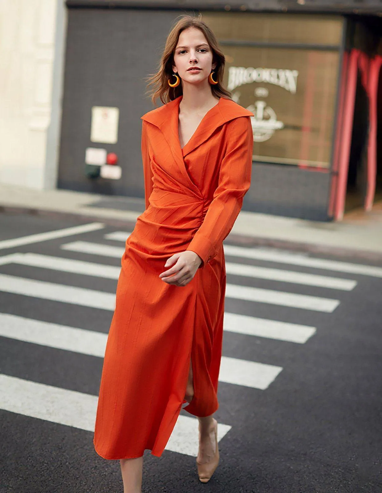 Wide Lapel Wrinkle Waist Long Sleeve Calf Length Dress