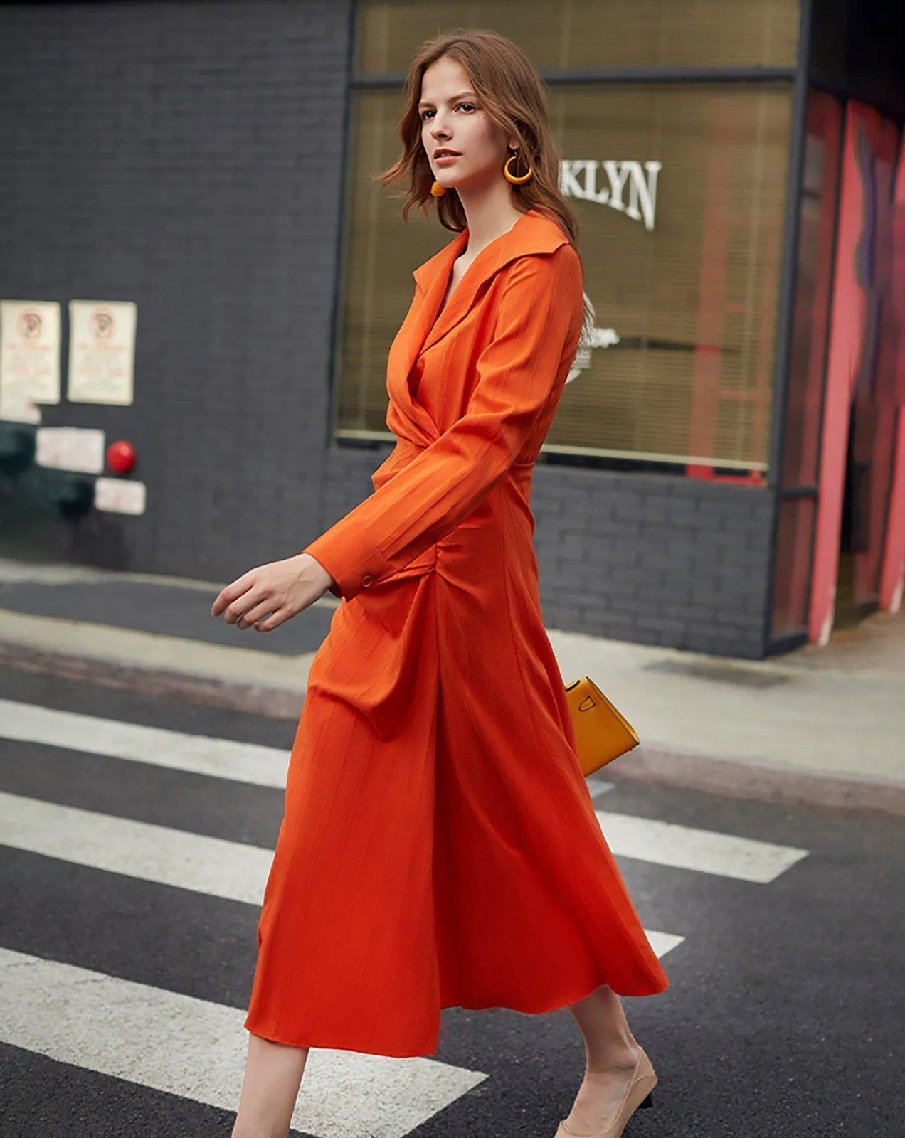 Wide Lapel Wrinkle Waist Long Sleeve Calf Length Dress