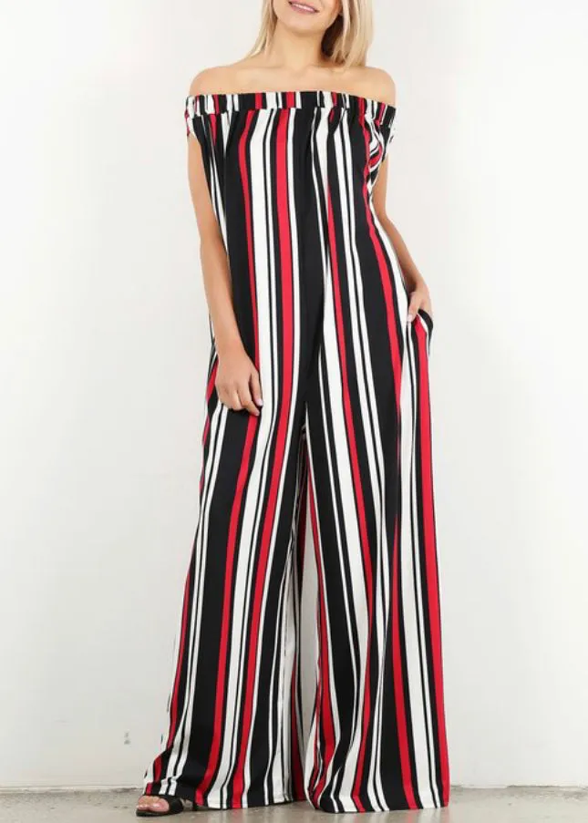 WOMEN NAVY BLUE STRIPED RELAXED JUMPSUIT