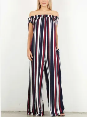 WOMEN NAVY BLUE STRIPED RELAXED JUMPSUIT